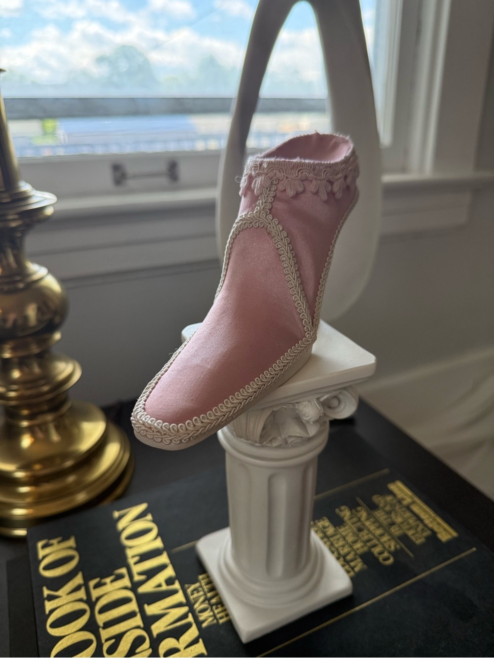 Vintage Pink Satin Decorative Bootie with Cream Trim